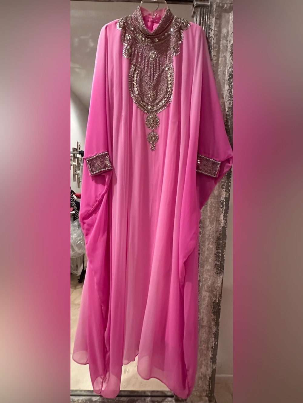 Embellished Pink Long-Sleeve chiffon satin lined  Dress with Statement Neckline